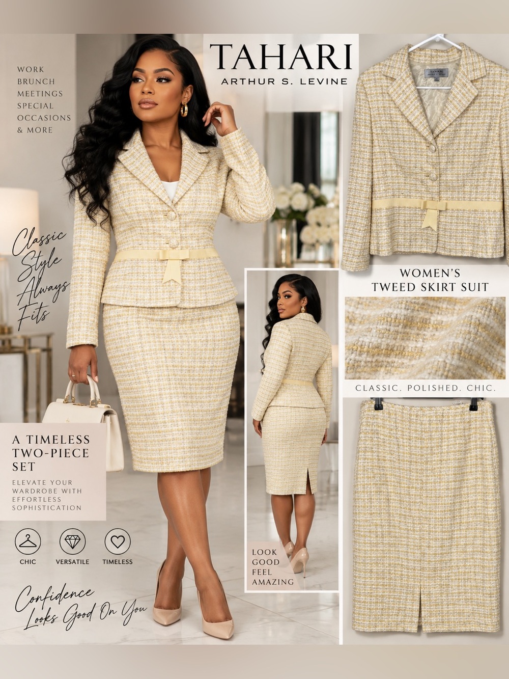 Tahari Cream and Pale Yellow Tweed Pencil Skirt